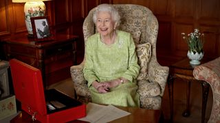 Queen Elizabeth II posing for a portrait in celebration of the Platinum Jubilee