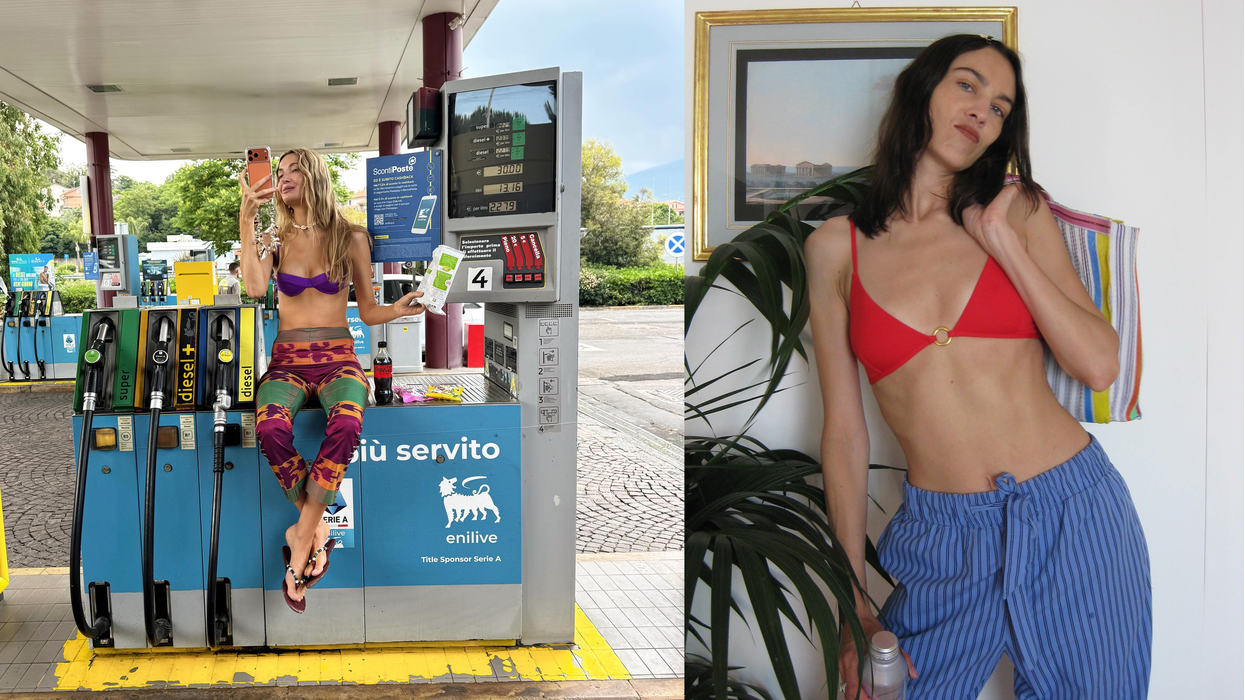 Courtney Grow and Alexa Chung wearing bikini tops with beach pants. 