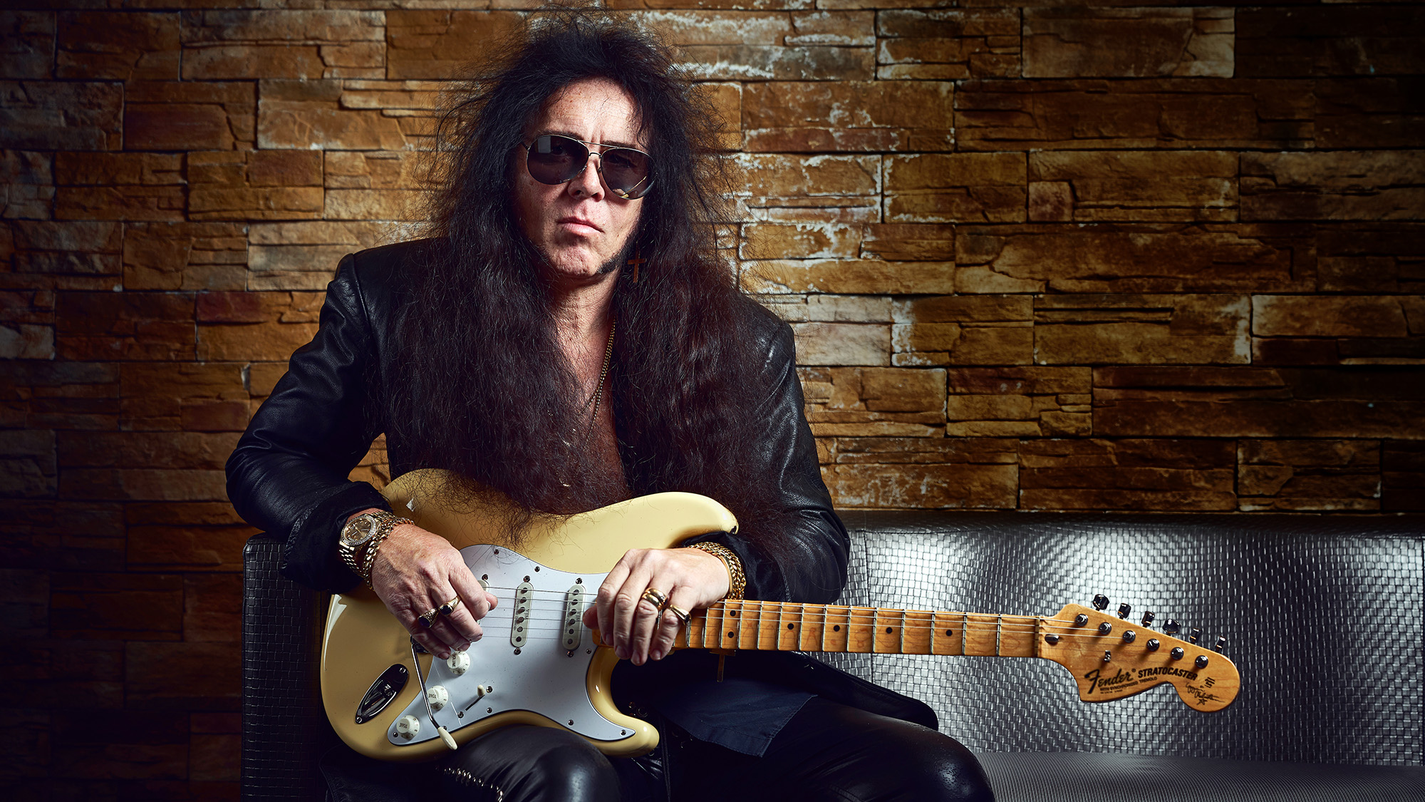 Yngwie Malmsteen photographed with his signature Fender Stratocaster in London while promoting his album Blue Lightning, on January 30, 2019