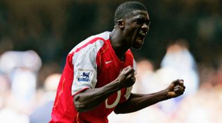 CARDIFF, UNITED KINGDOM - APRIL 16: Kolo Toure of Arsenal celebrates during the FA Cup Semi-Final match between Arsenal and Blackburn Rovers at The Millennium Stadium on April 16, 2005 in Cardiff, Wales. (Photo by Clive Mason/Getty Images)