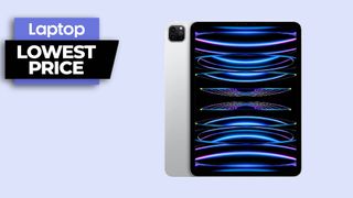 iPad Pro in silver with lowest price badge against blue background