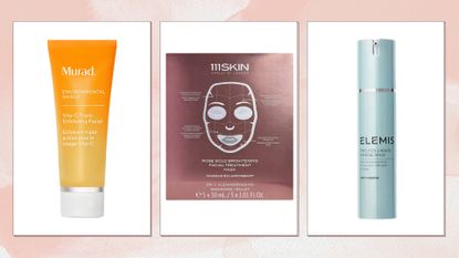 Collage of best face masks (L-R) Murad Vita-C Mask, 111Skin Rose Gold Mask and Elemis Marine Cream Mask, on a pink watercolour background