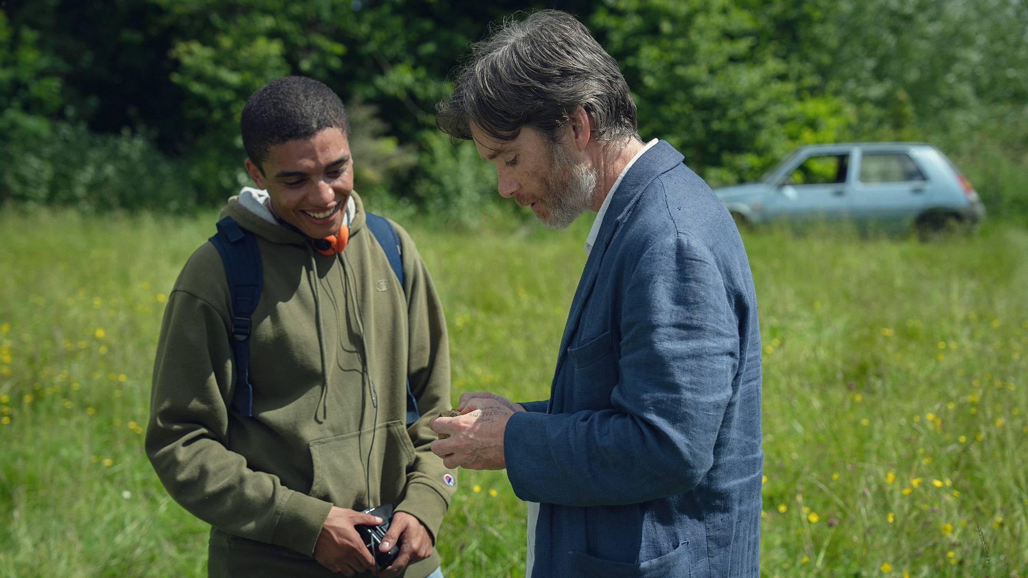 Jay Lycurgo as Shy and Cillian Murphy as "Steve" in "Steve" on Netflix
