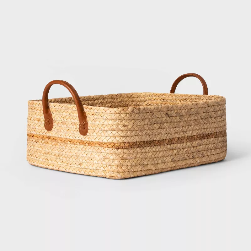 Braided Water Hyacinth Folio Basket With Faux Leather Handles - Threshold™: Storage & Organization, 11" Cube Compatible