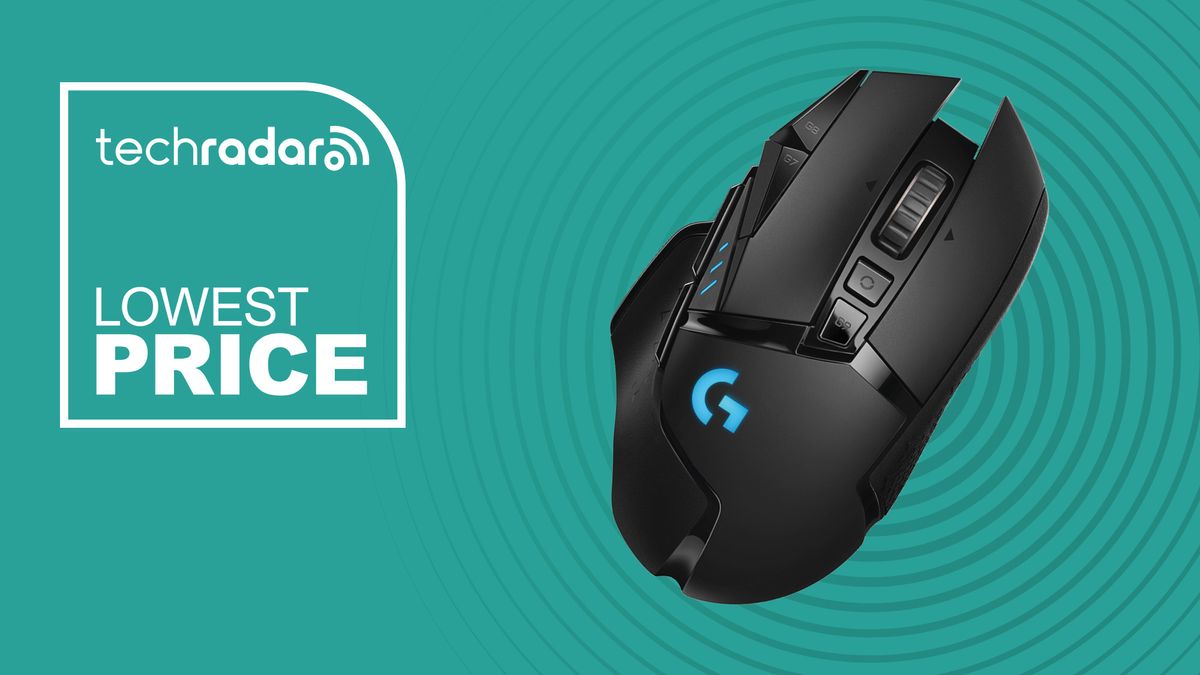 The Logitech G502 Lightspeed gaming mouse on a cyan background with a TechRadar &#039;Lowest Price&#039; badge.