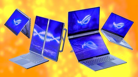 Four ASUS ROG Zephyrus Duo laptops, one in tent mode, one in vertical mode, one in stacked horizontal mode, and one in laptop mode.