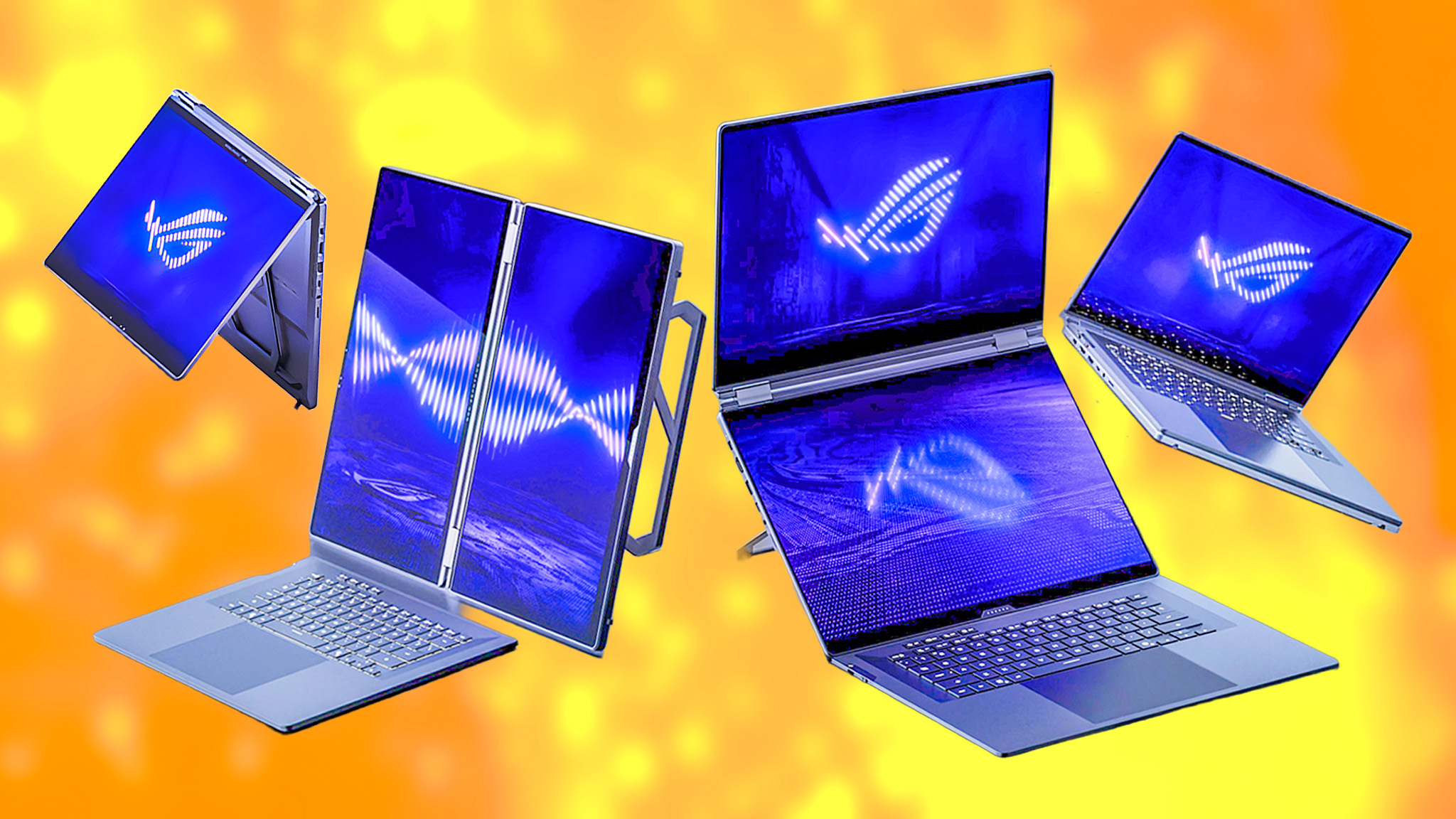 Four ASUS ROG Zephyrus Duo laptops, one in tent mode, one in vertical mode, one in stacked horizontal mode, and one in laptop mode.