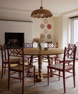 Rustic bedroom with burgundy dining room chairs