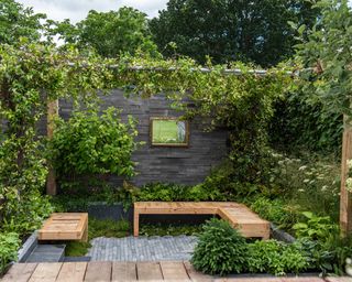 shaded pergola with climbing plants and mirror in 'A Place To Meet Again', designed by Mike Long at RHS Hampton Court Palace Garden Festival 2021