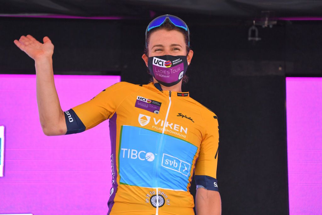 SARPSBORG NORWAY AUGUST 12 Kristen Faulkner of United States and Team Tibco Silicon Valley Bank Yellow Leader Jersey celebrates at Podium during the 7th Ladies Tour Of Norway 2021 Stage 1 a 1415km stage from Halden to Sarpsborg LTourOfNorway LTON21 UCIWWT on August 12 2021 in Sarpsborg Norway Photo by Luc ClaessenGetty Images