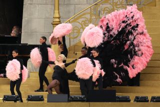 Lady Gaga in a pink and black feathered ensemble at the 2024 Olympics Opening Ceremony rehearsals in Paris July 2024