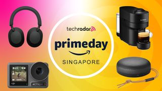 Sony WH-1000XM5, Nespresso Vertuo Pop, B&amp;O Beosound A1 and DJI Osmo Action 3 camera on pink and yellow gradient background with &quot;TechRadar Prime Day Singapore&quot; text in the centre