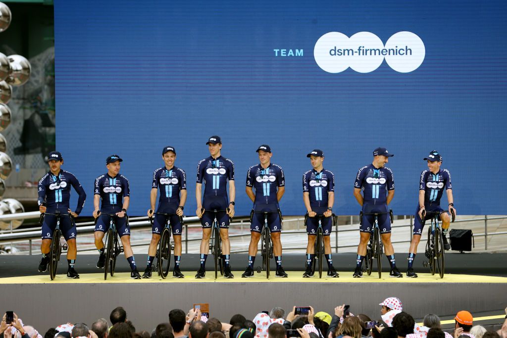 BILBAO SPAIN JUNE 29 A general view of Romain Bardet of France John Degenkolb of Germany Matthew Dinham of Australia Alex Edmondson of Australia Nils Eekhoff of The Netherlands Chris Hamilton of Australia Kevin Vermaerke of The United States Sam Welsford of Australia and Team DSM during the team presentation of the 110th Tour de France 2023 at the Guggenheim Museum Bilbao UCIWT on June 29 2023 in Bilbao Spain Photo by Michael SteeleGetty Images