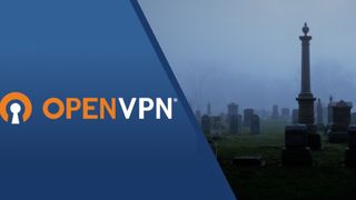 OpenVPN logo on left hand side, contrasted with an image of a grey graveyard on the right. 