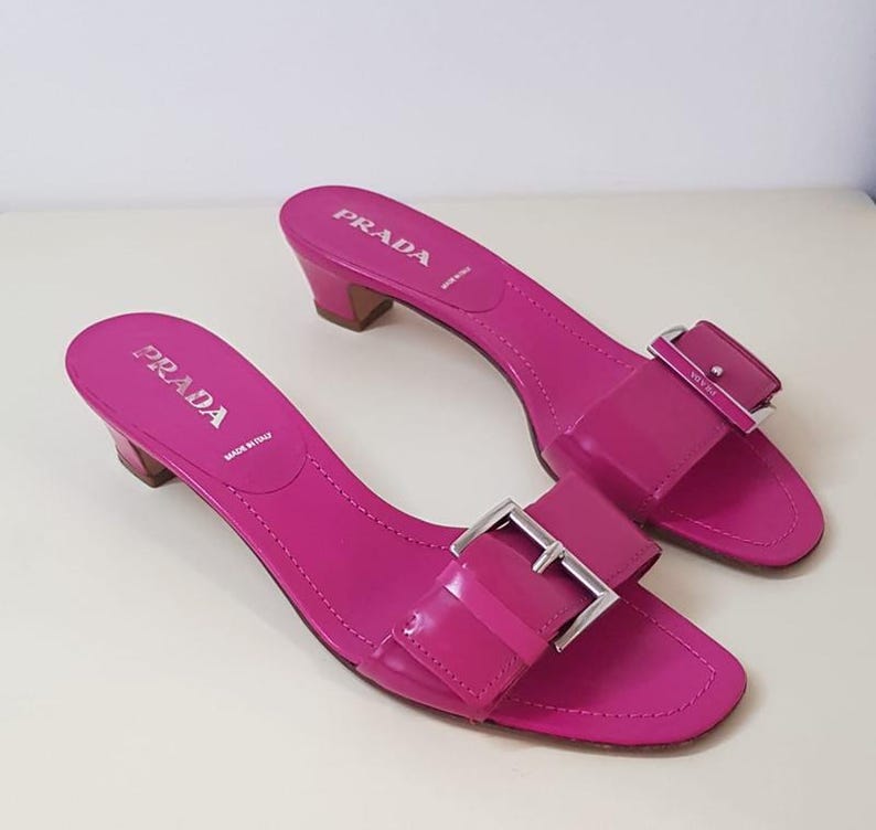 Prada Pink Buckle Mule Sandals, Prada Kitten Heel Slides, Designer Fuchsia Leather Sandals Made in Italy