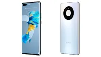Huawei Mate 40 Pro phone in silver shown on angle front and back