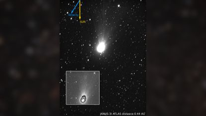 A white, glowing egg-shaped object lies in the centre of the black-and-white image, on a dark, starry background. Glowing streaks spread upwards from the object. In the top left, a yellow arrow marked &lsquo;Sun&rsquo; points straight down, and a blue arrow marked &lsquo;Velocity&rsquo; points towards the 7 o&rsquo;clock direction. In the bottom left, an inset shows the same object on a lighter grey starry background, filled with ragged-edged, concentric egg shapes gradiented black-to-white