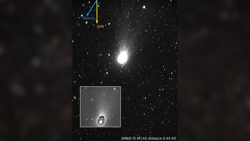 A white, glowing egg-shaped object lies in the centre of the black-and-white image, on a dark, starry background. Glowing streaks spread upwards from the object. In the top left, a yellow arrow marked &lsquo;Sun&rsquo; points straight down, and a blue arrow marked &lsquo;Velocity&rsquo; points towards the 7 o&rsquo;clock direction. In the bottom left, an inset shows the same object on a lighter grey starry background, filled with ragged-edged, concentric egg shapes gradiented black-to-white