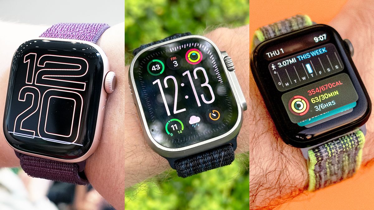 Close-up composite photo of the Apple Watch 10, Ultra 2 and SE 2022 next to each other on users&#039; wrists