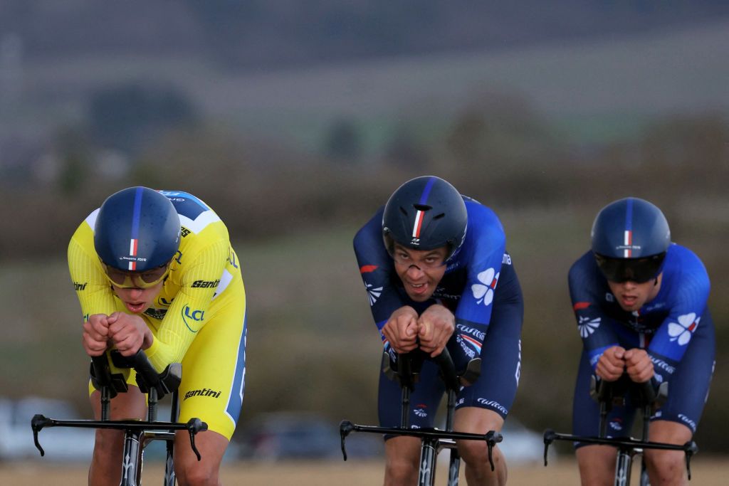 Groupama-FDJ New Zealand Cyclist Laurence Pithie (L) and his team compete during the 3rd stage of the Paris-Nice cycling race, 26,9 km team time trial between Auxerre and Auxerre, on March 5, 2024. (Photo by Thomas SAMSON / AFP)