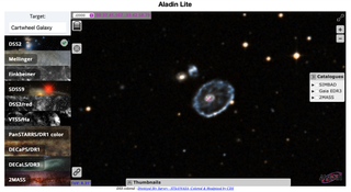 Online view in Aladin Lite of the Cartwheel Galaxy, a lenticular/ring galaxy 500 million light years away from Earth discovered in 1941 by iconic astronomer Fritz Zwicky.