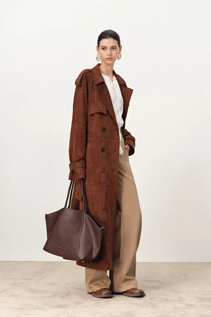 FBRQ, Tilda Detachable Epaulette Trench Coat in Faux Suede