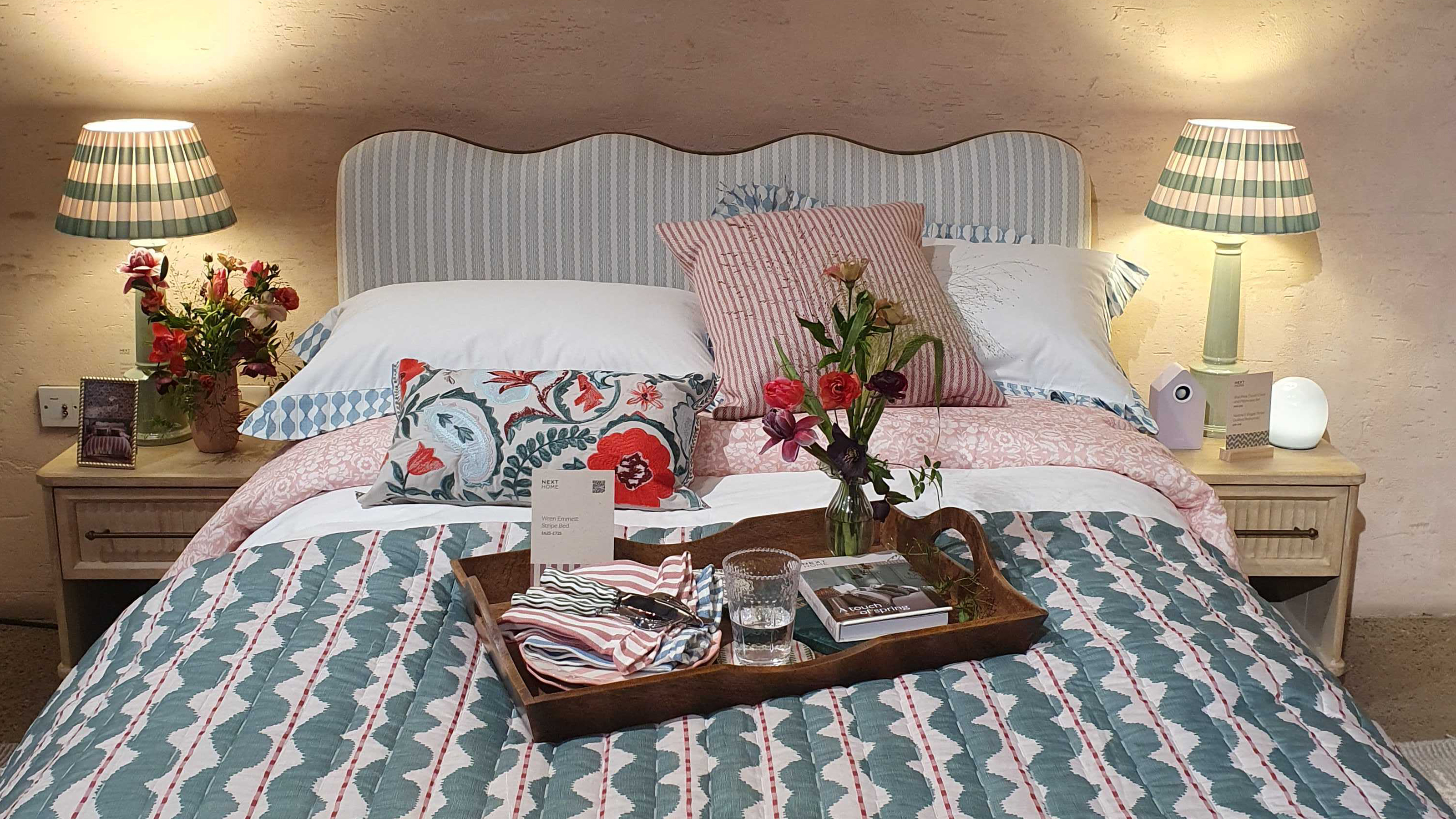 Next Emmett Stripe Sage Green Wren Scallop Headboard Ottoman Storage Bed Upholstered