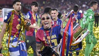 Raphinha of Barcelona celebrates their victory at the end of the Copa del Rey 2025 final match between ahead of tonight's Barcelona vs Inter Champions League semi-final first leg at the Olympic Stadium.