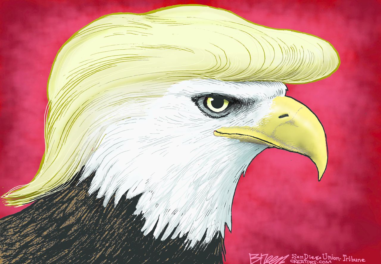 Political cartoon U.S. 2016 election Donald Trump bald eagle