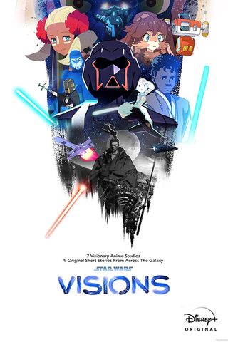 Promotional poster for "Star Wars: Visions" Volume 1 depicting many of the show's characters holding lightsabers.