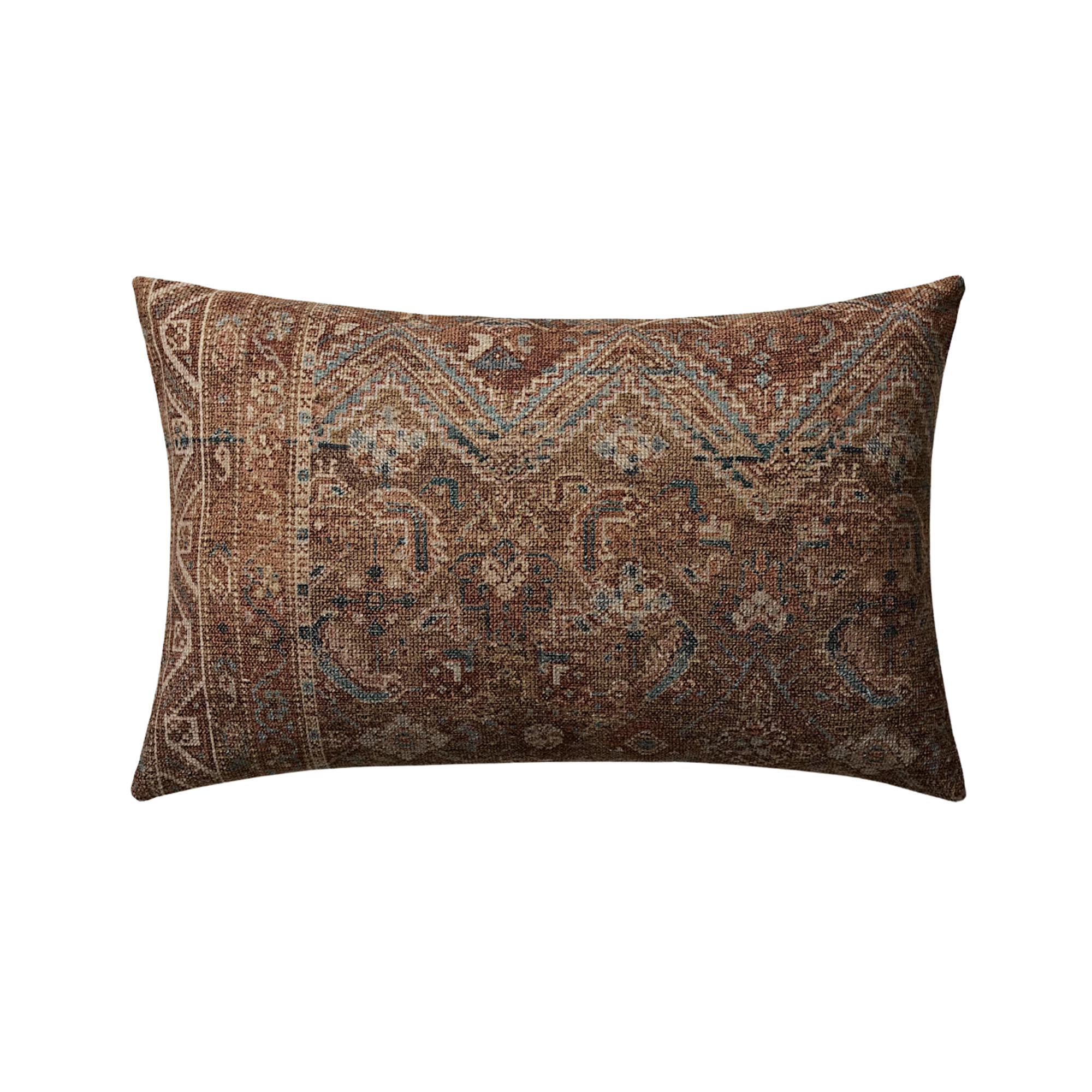 a pillow with an antique inspired motif in dark red and brown