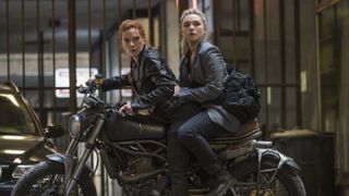 Natasha Romanoff and Yelena Belova on a motorcycle in Black Widow.