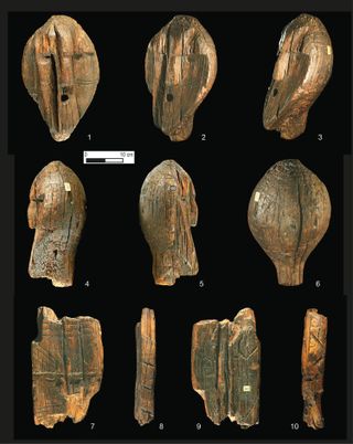 The head of the wooden Shigir sculpture (1-6) and anthropomorphic face on fragment (7-10).