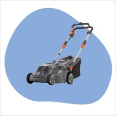 Husqvarna aspire lawn mower, one of the best lawn mowers, on a blue and white background