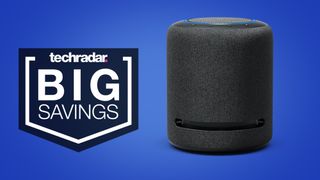 Echo Studio smart speaker on a blue background next to the words "Big Savings"