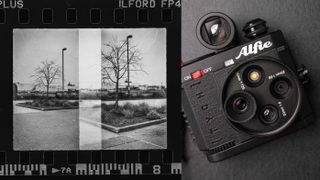 Alfie Tych+ camera alongside a pair of sample images