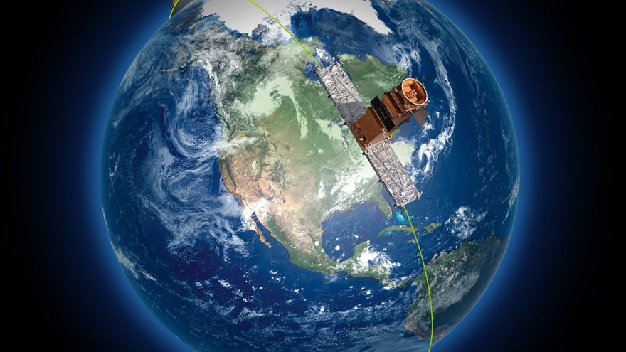 Artist&#039;s impression of the Radarsat Constellation Mission managed by the Canadian Space Agency and MDA.