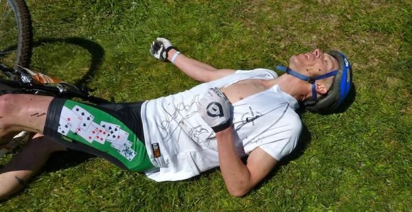 Team Bike Vegas/Niner rider, Garth Weinberg of Rotorua recovers after winning the singlespeed Worlds race