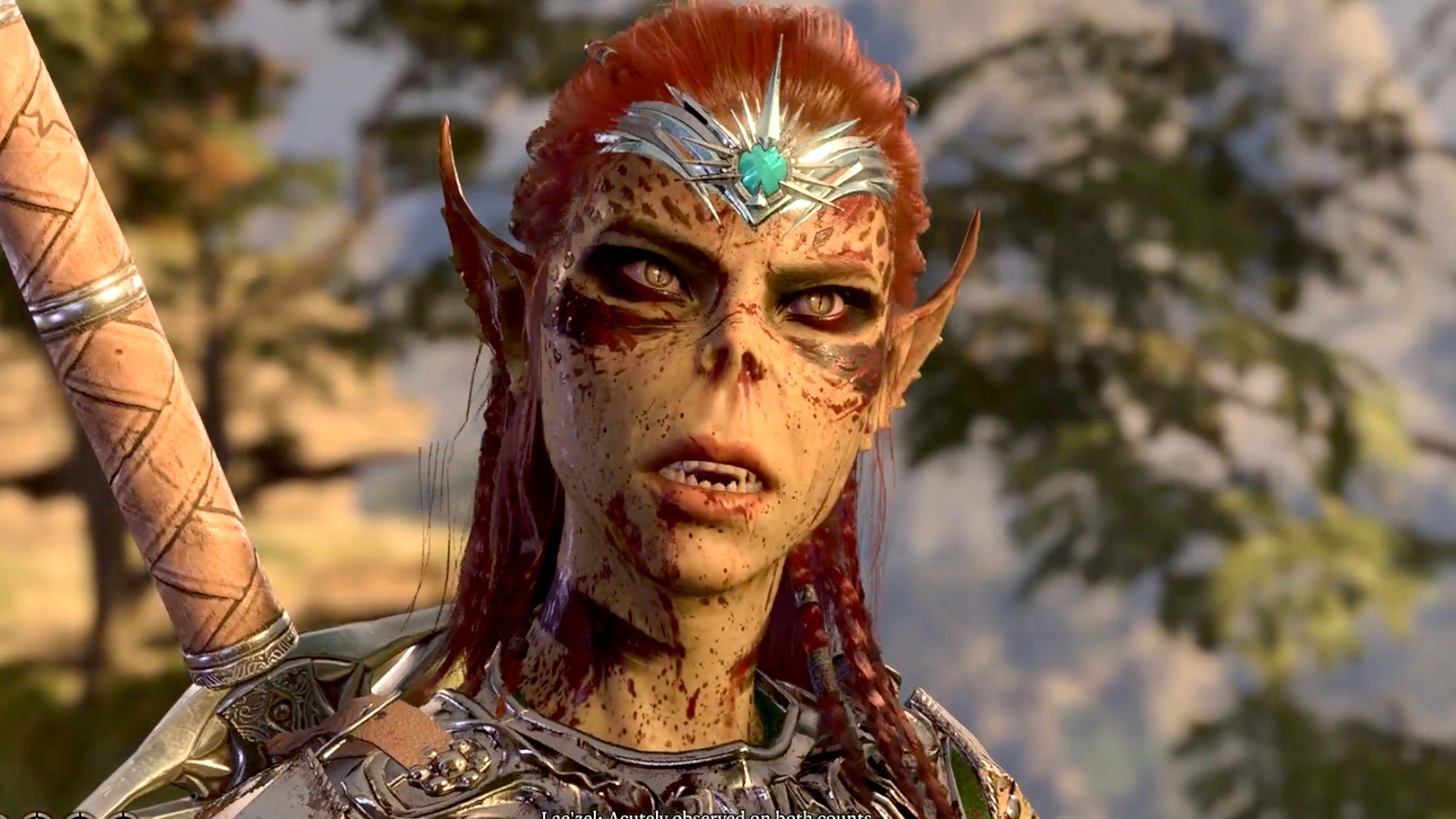 A close-up of Lae'zel during act one of the RPG Baldur's Gate 3