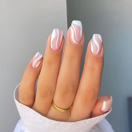 Ragupel 2026 New Press on Nails Acrylic White Square Fake Nails Short Simple Swirls Cute Women's False Nails With Design Nail Tips for Women&amp;amp;girls, 24pcs