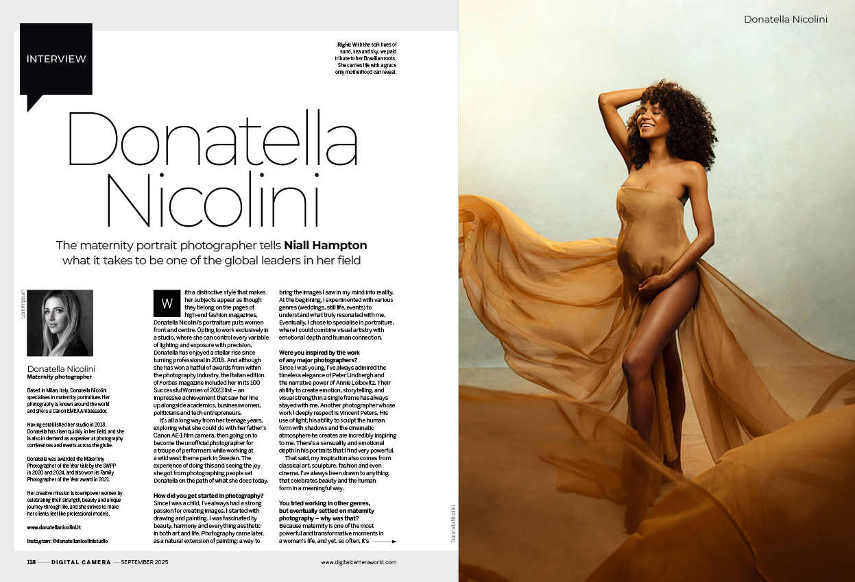 Image showing the first two pages of the interview with Donatella Nicolini, the leading international maternity portrait photographer, in issue 298 (September 2025) of Digital Camera magazine