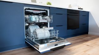 Open dishwasher door in kitchen showing a loaded appliance