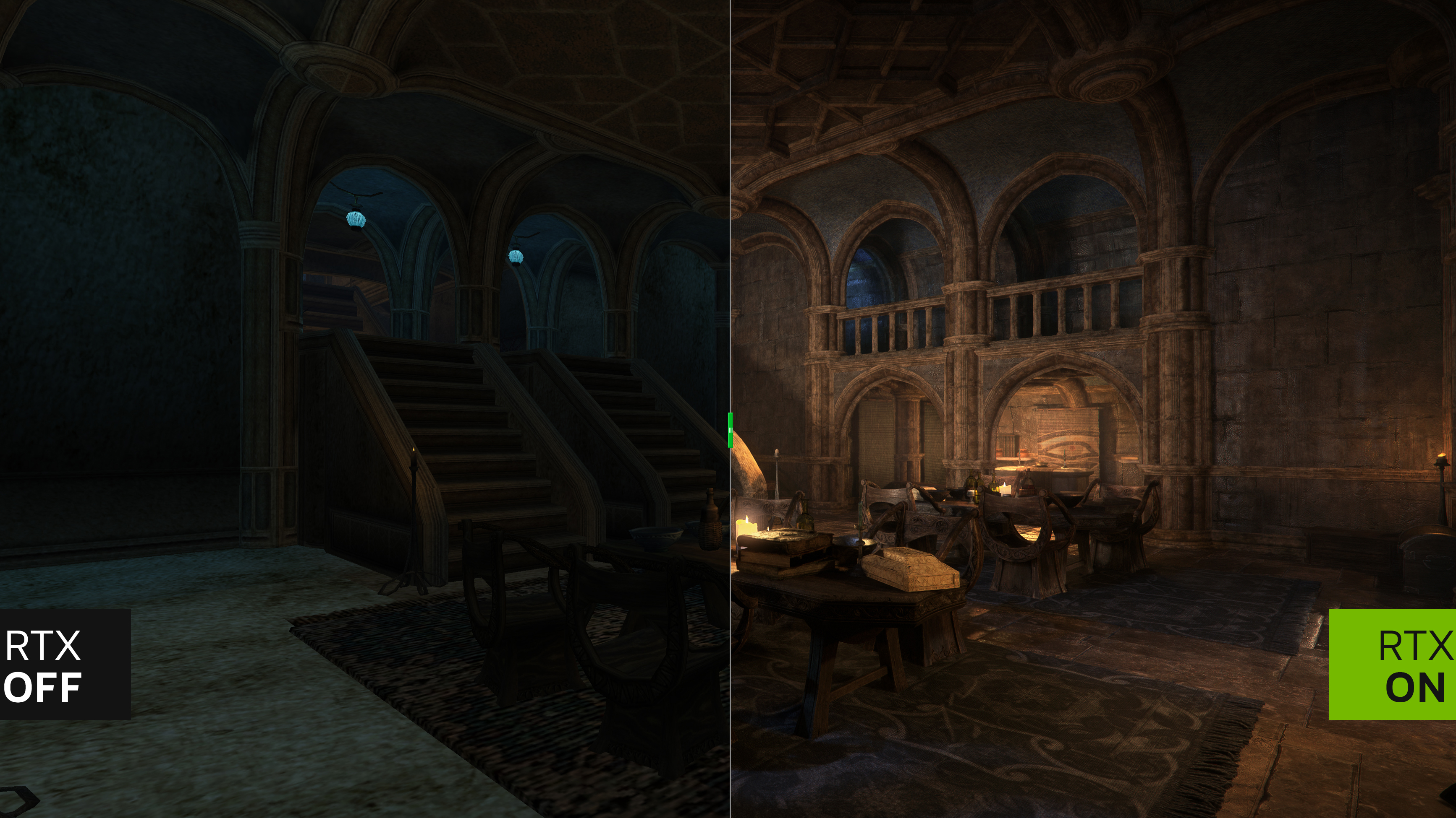 Image comparative de l'intérieur d'un bâtiment dans The Elder Scrolls : Morrowind, avec 'RTX off' sur le côté droit et 'RTX on' sur le côté gauche.