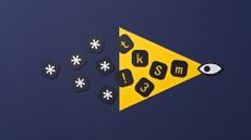 A stylized graphic depicting an eye looking at black blocks with white asterisks on them, to represent data violations, data leaks, data breaches. As the blocks pass into the eye's field of vision, represented as a yellow triangle, the characters on them become plainly visible. All these elements are placed on a dark blue background.