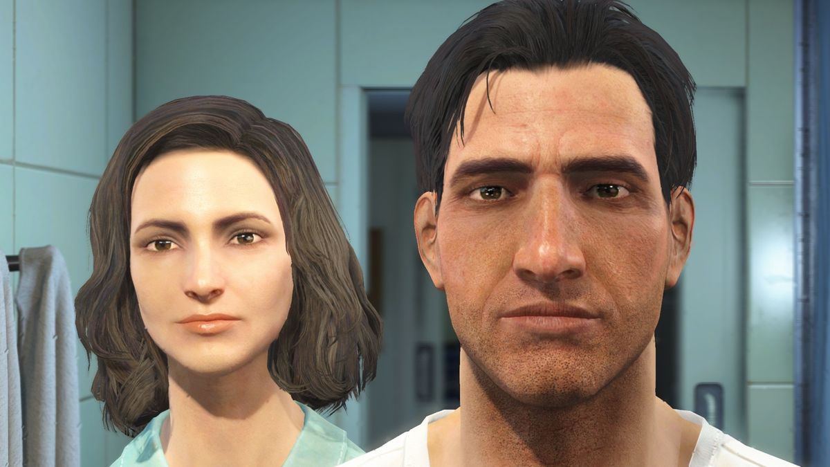 Fallout 4&#039;s male and female protagonists staring at camera from bathroom