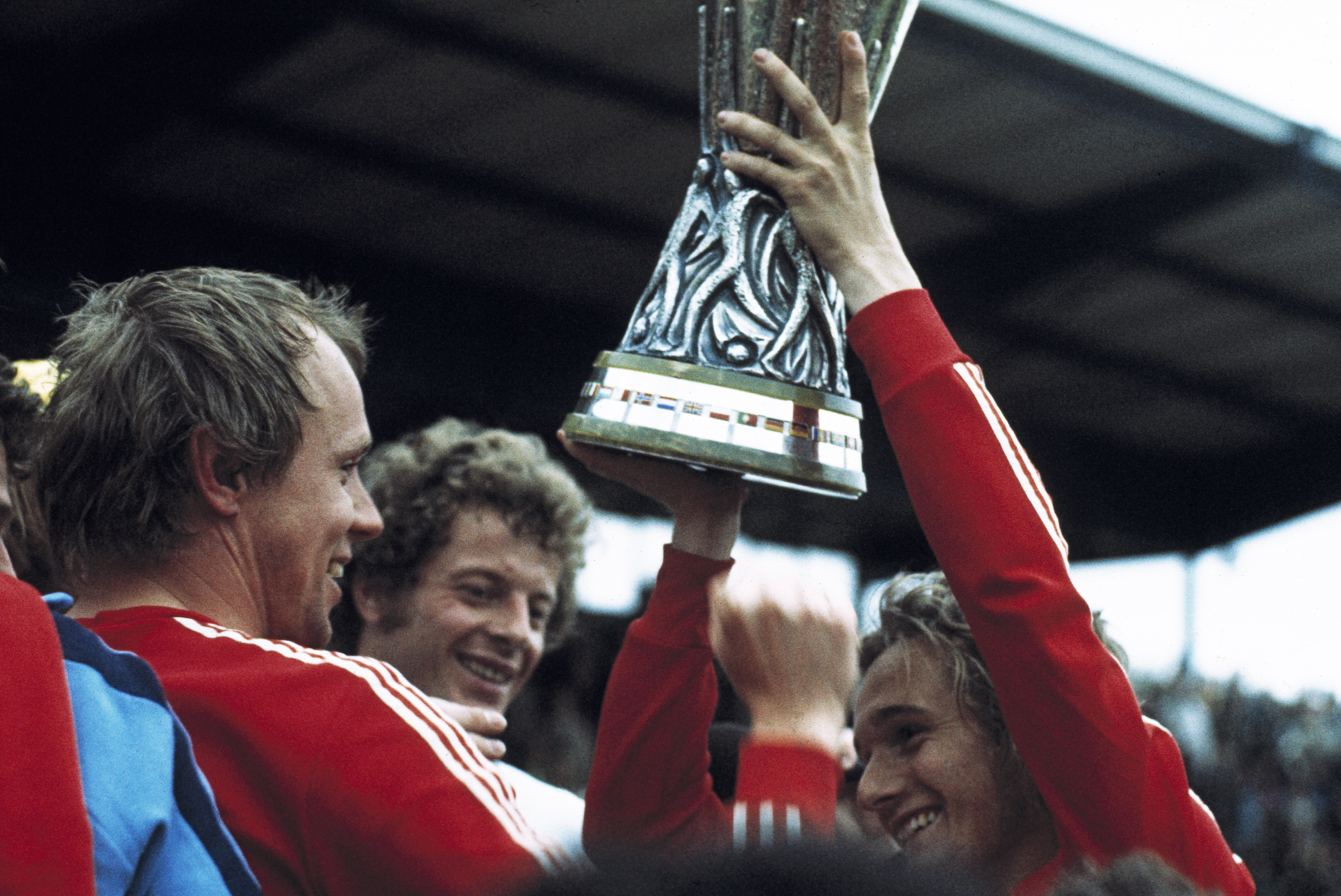 Allan Simonsen holds the UEFA Cup after Borussia Monchengladbach's win over Twente in the final in May 1975.