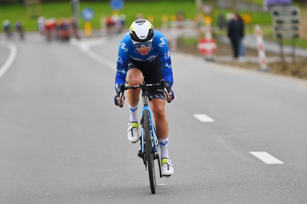 WEVELGEM BELGIUM MARCH 24 Emma Cecilie Norsgaard of Denmark and Movistar Team attacks during the 13rd GentWevelgem in Flanders Fields 2024 Womens Elite a 1712km one day race from Ieper to Wevelgem UCIWWT on March 24 2024 in Wevelgem Belgium Photo by Luc ClaessenGetty Images