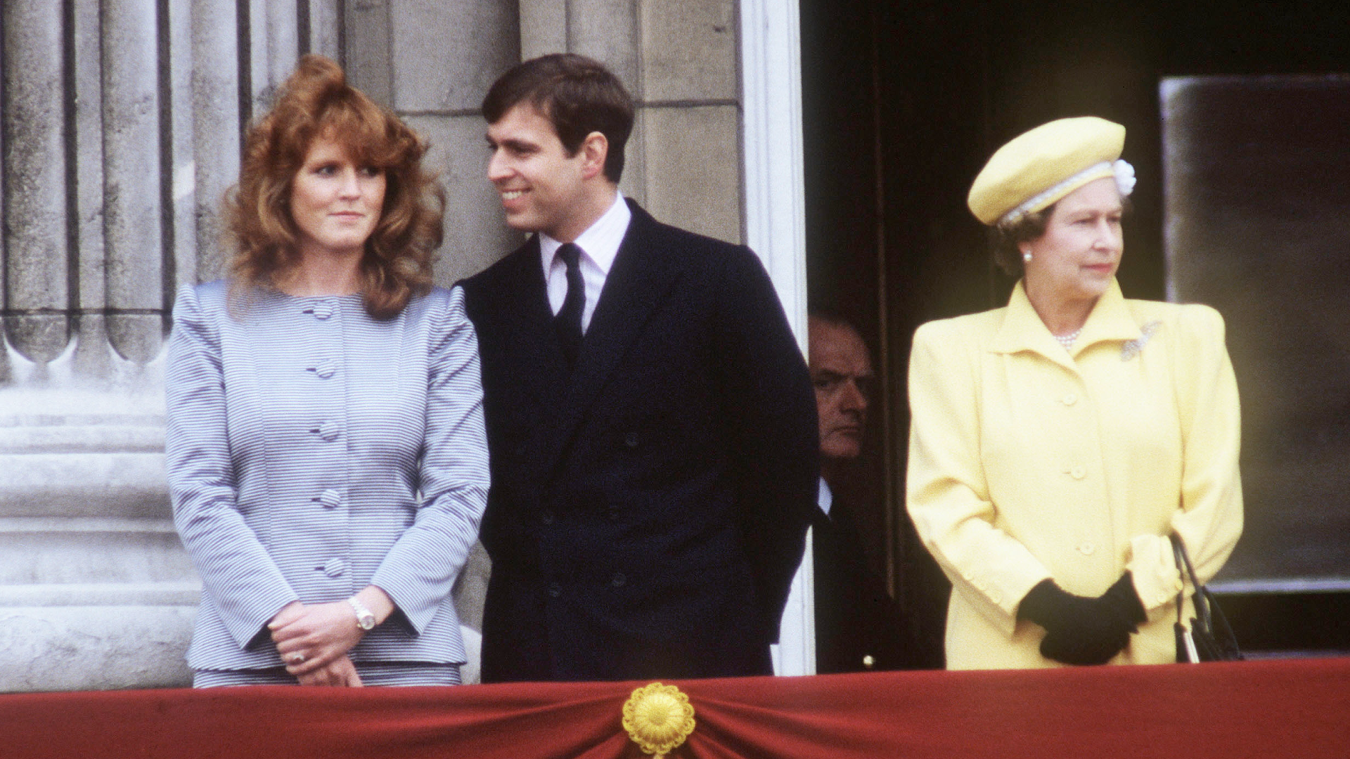 Sarah Ferguson, Prince Andrew and Queen Elizabeth on the balcony at Buckingham Palace 