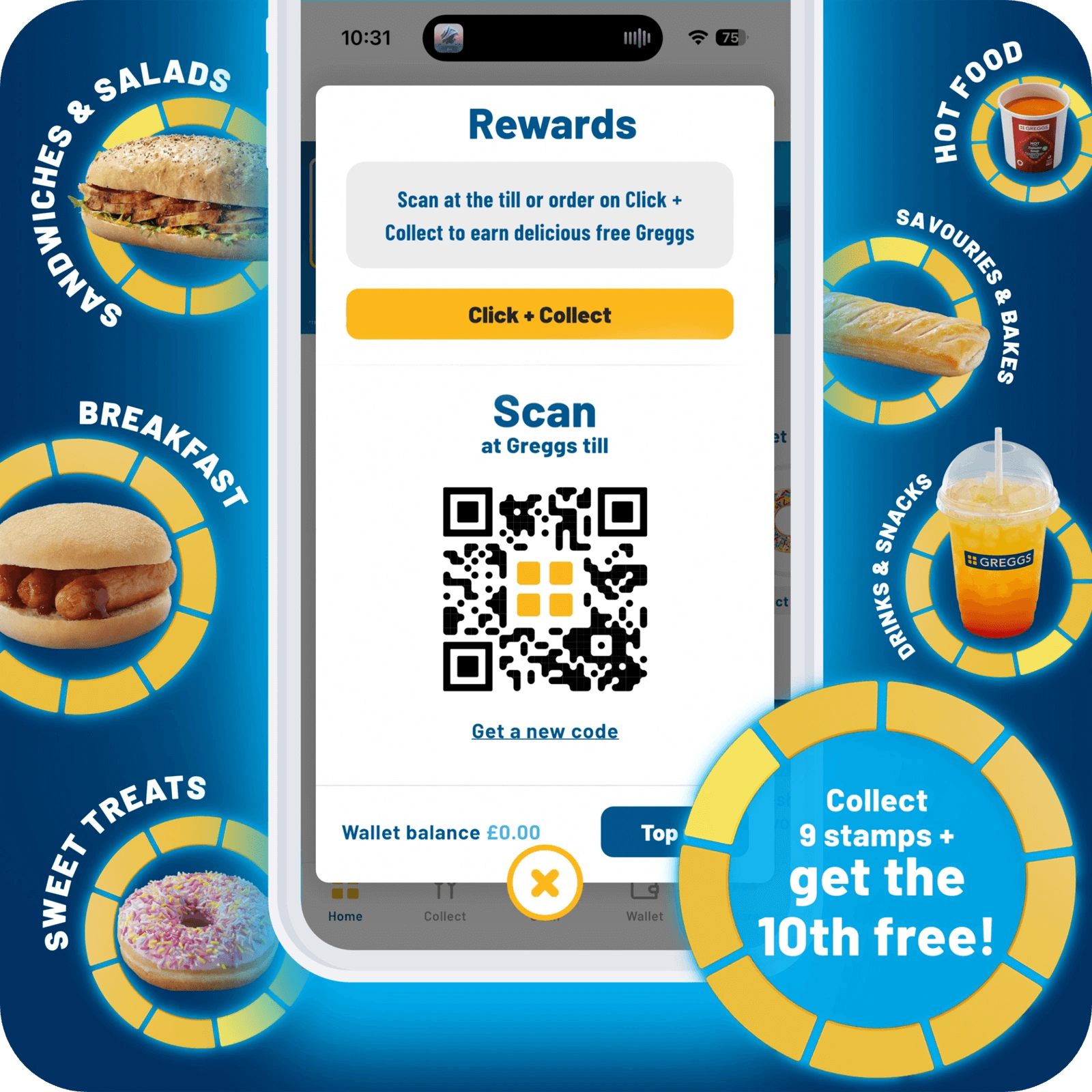Marketing image showing the greggs app QR code scanner screen