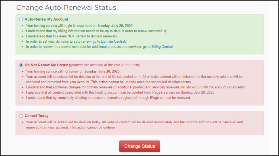 iPage cancelation process page